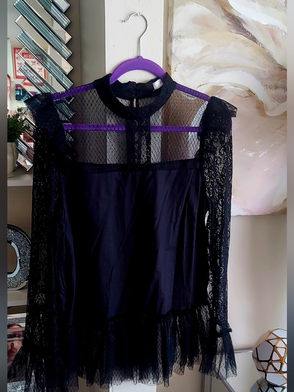 JustFab Black Sheer Lace Long-Sleeve Blouse